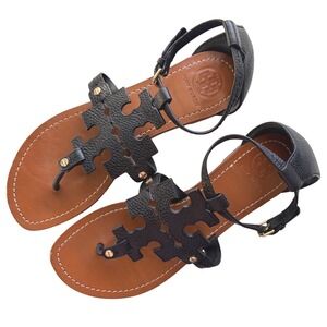 Tory Burch Phoebe Gladiator Sandals Pebbled Leather Logo Black Thong Size 10